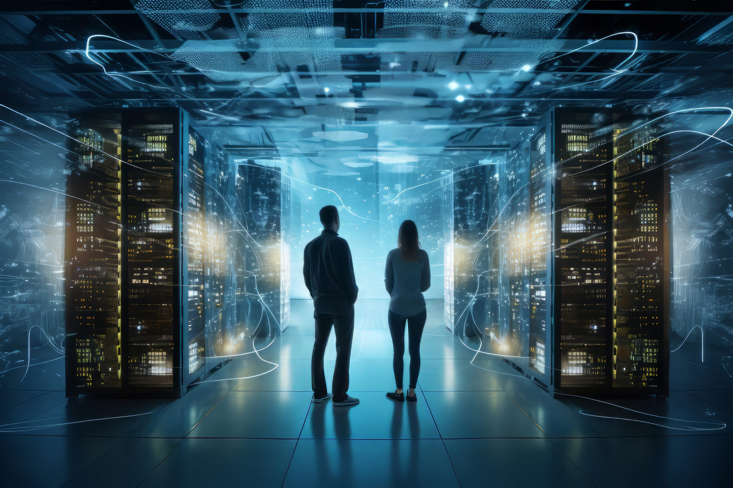 Profissional de tecnologia configurando servidores e dispositivos de rede, representando a integração entre infraestrutura de TI e infraestrutura de rede em um ambiente corporativo.