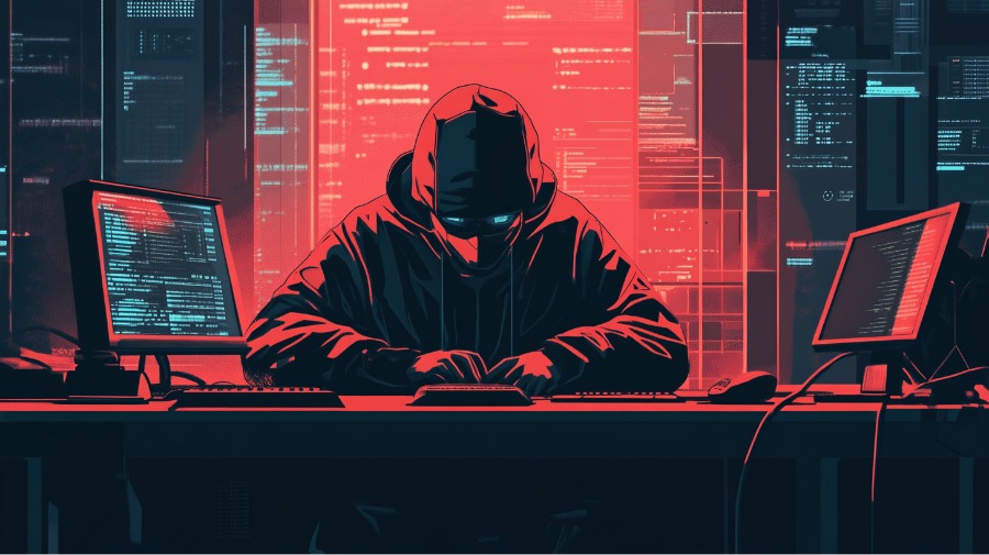 Ilustração de um ataque cibernético representando o malware Lumma Stealer, mostrando um computador infectado com vírus digital e ícones de roubo de dados, como senhas e informações financeiras sendo furtadas.