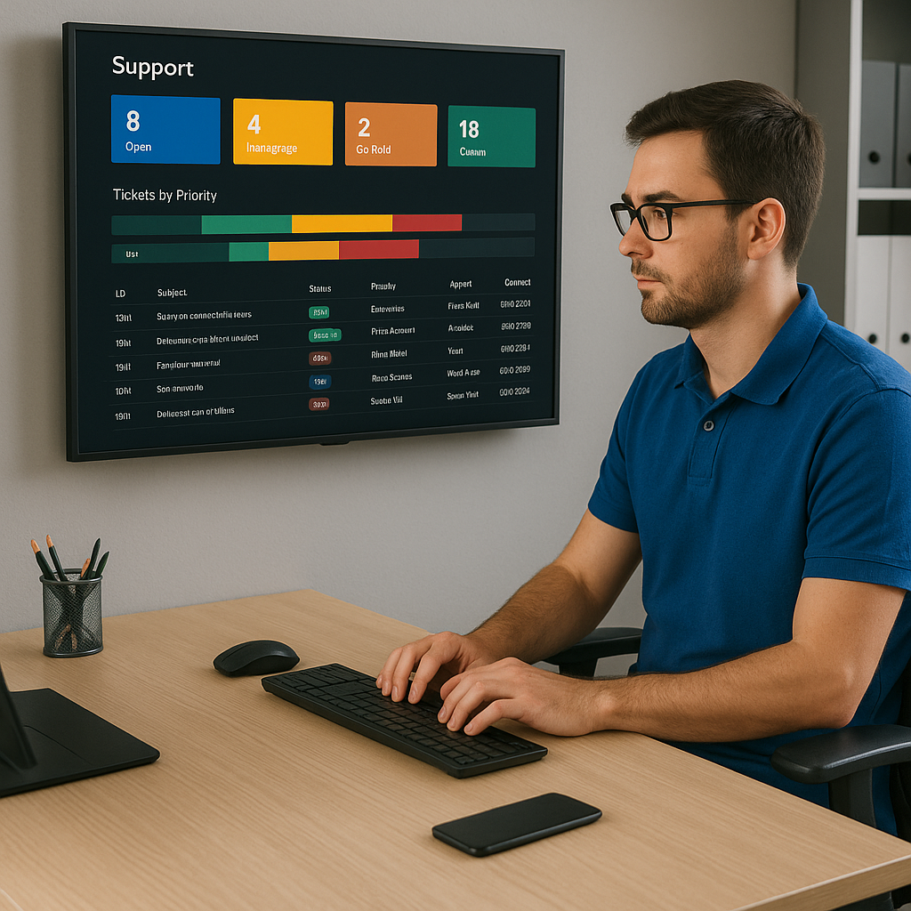 Analista de TI prestando suporte em ambiente corporativo, visualizando um dashboard de chamados em uma TV de parede, representando o serviço de Suporte de TI Sorocaba com foco em gestão e atendimento técnico.