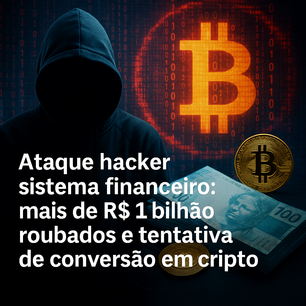 Imagem representando um ataque hacker sistema financeiro cripto, com figura encapuzada, notas de reais e símbolo do Bitcoin, ilustrando o roubo de R$ 1 bilhão e a tentativa de conversão em criptomoedas.