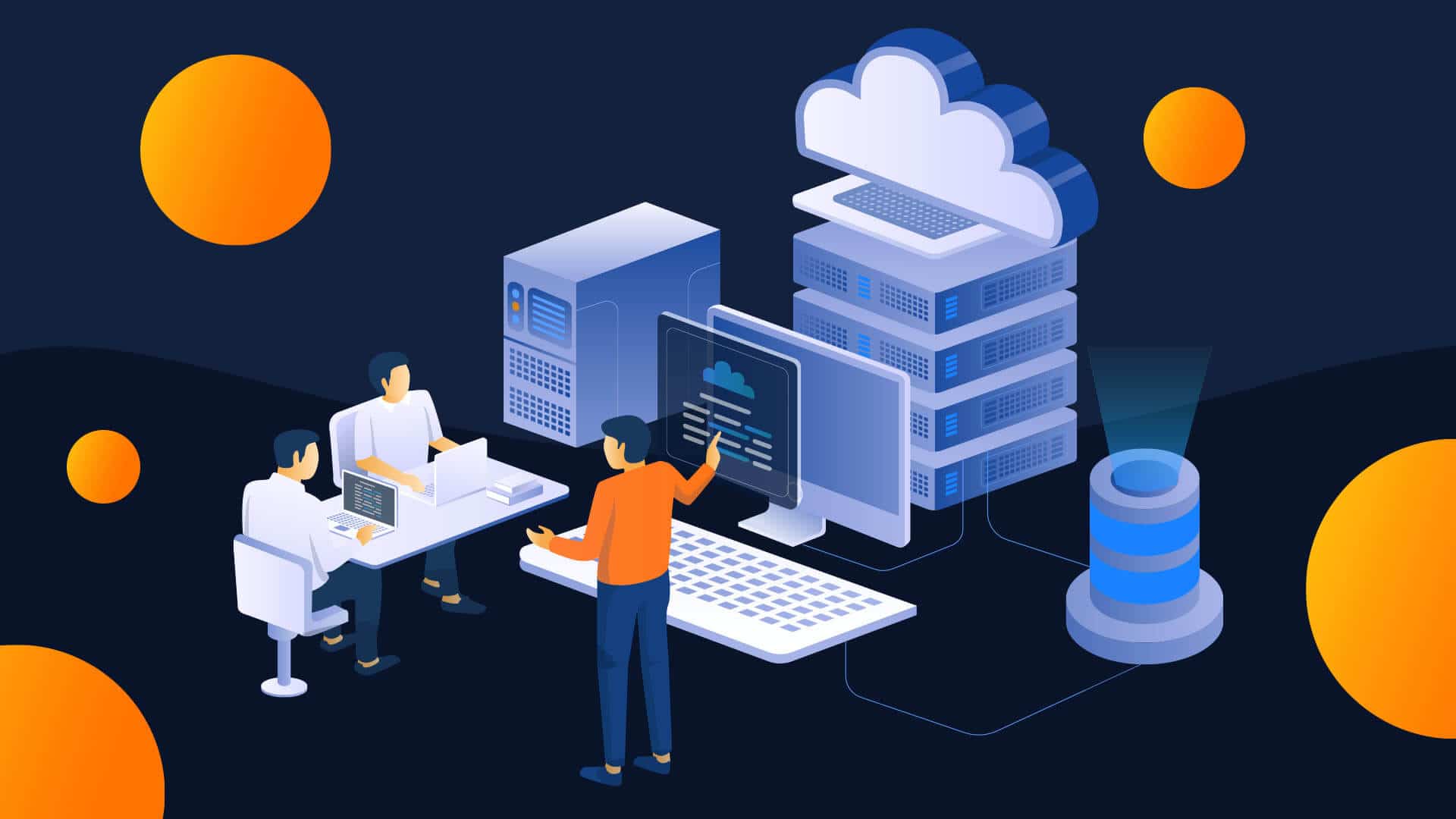Profissional de TI implementando infraestrutura de TI para PMEs, com servidores e computadores funcionando de forma eficiente