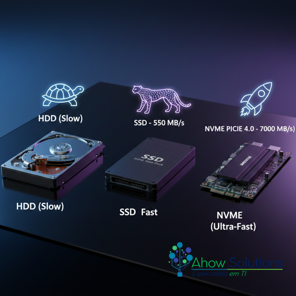 Comparação visual da diferença HD SSD NVMe, mostrando um HD mecânico, um SSD SATA e um NVMe M.2.
