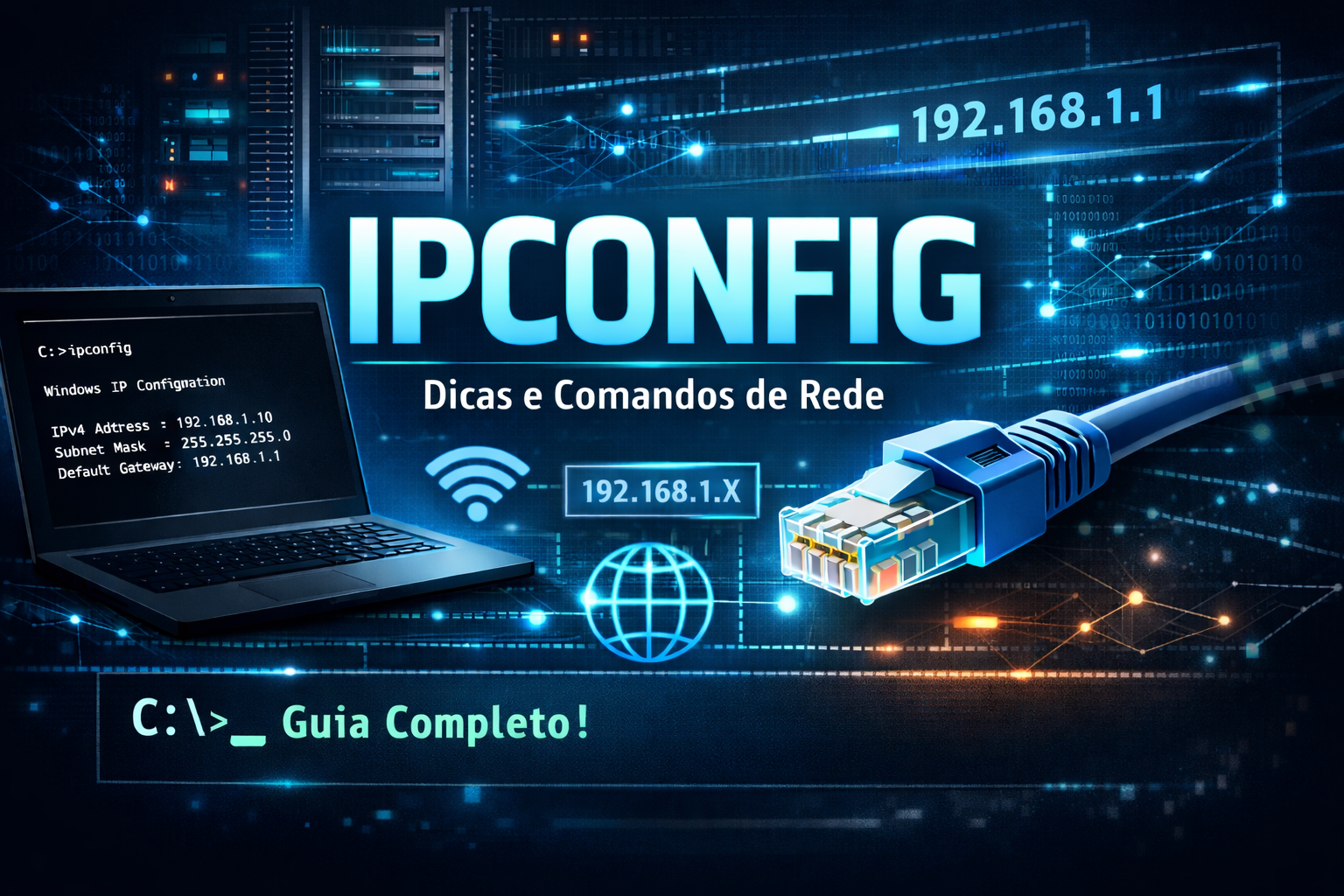 Interface do Prompt de Comando demonstrando o uso do comando ipconfig para diagnóstico de rede.