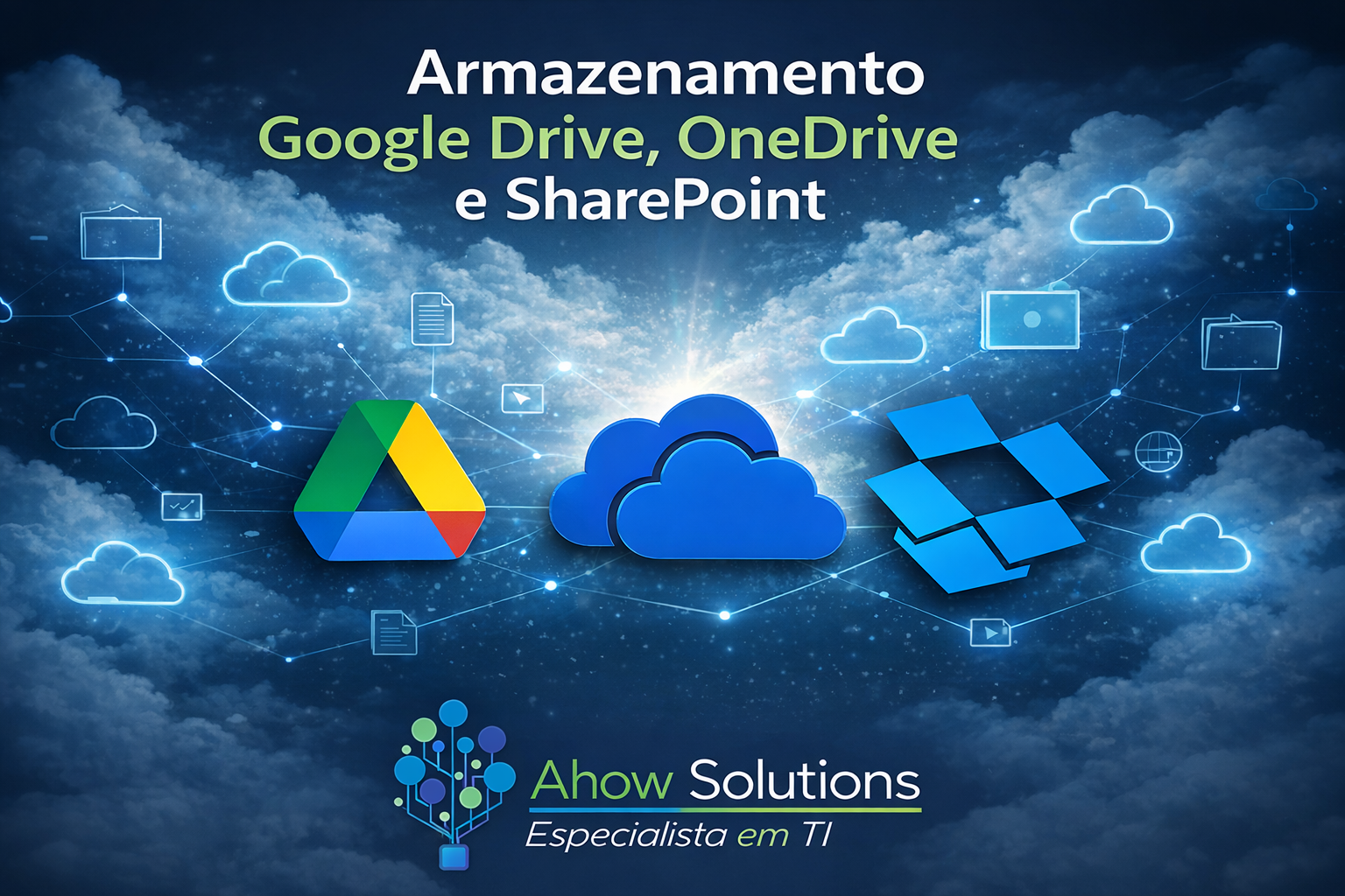 Infográfico comparativo sobre opções de armazenamento em nuvem para empresas, incluindo OneDrive, Google Drive e SharePoint.