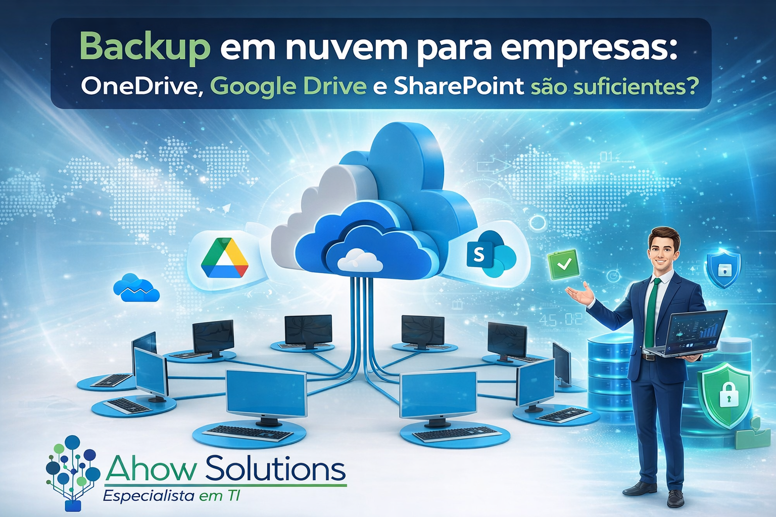 Gestor de TI analisando sistema de backup em nuvem para empresas em um datacenter moderno.