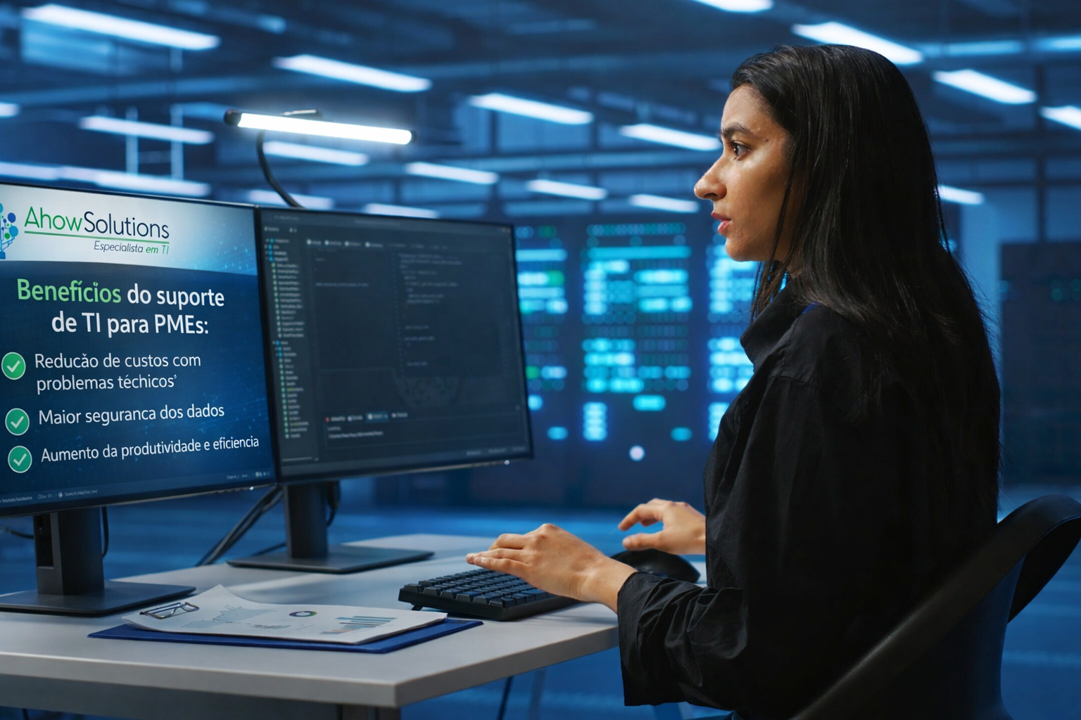 Gestor analisando os benefícios do suporte de TI para PMEs em um dashboard de rede.