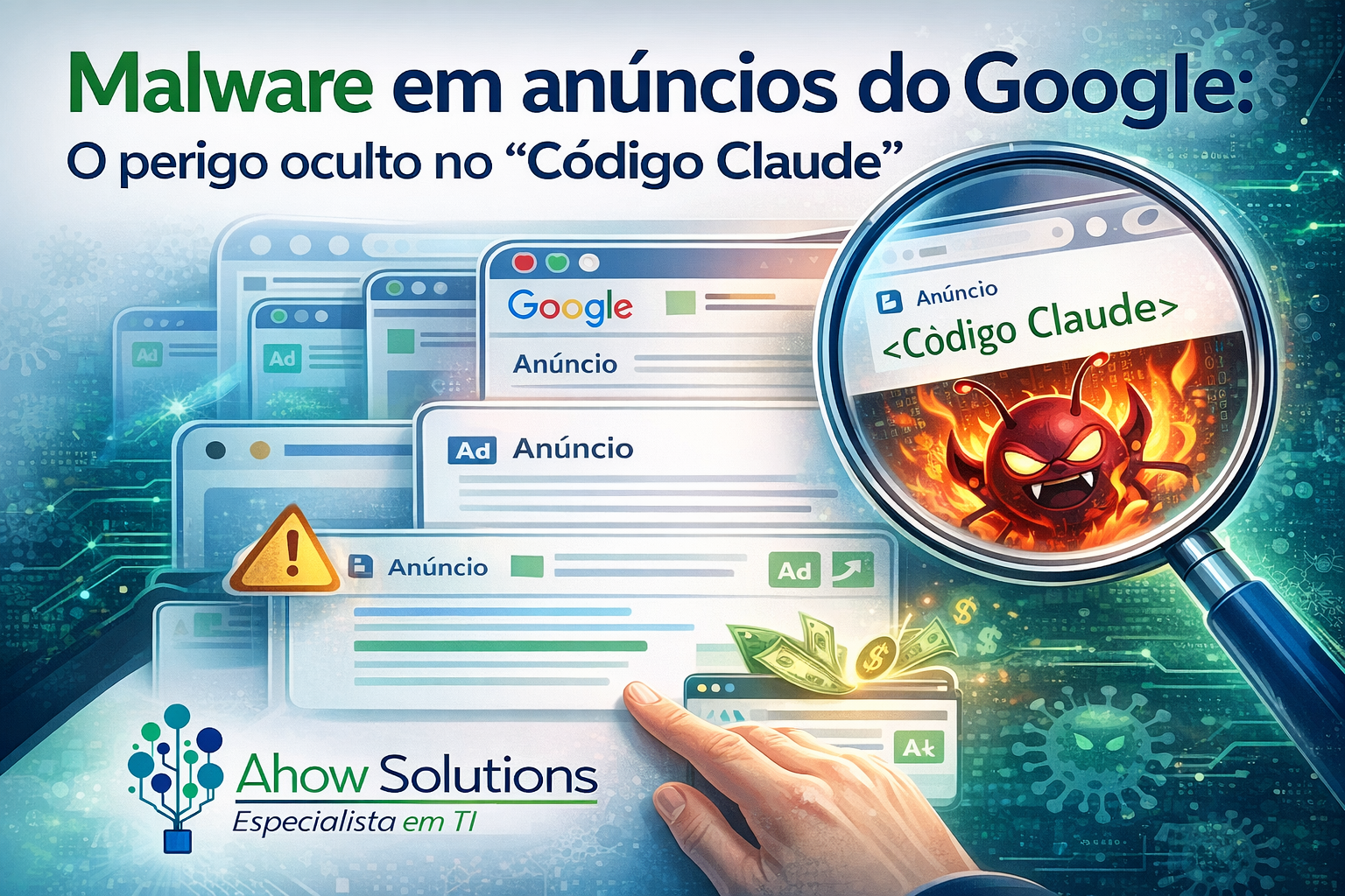 Ilustração educativa sobre segurança digital contra malware em anúncios do Google e sites falsos.
