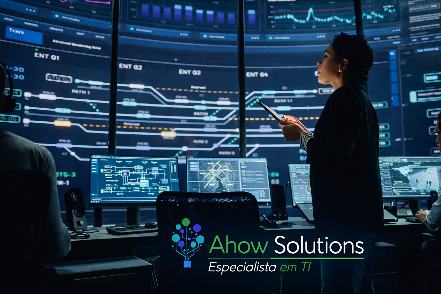 Profissional de tecnologia explicando como funciona o suporte de TI para PMEs em um escritório moderno.