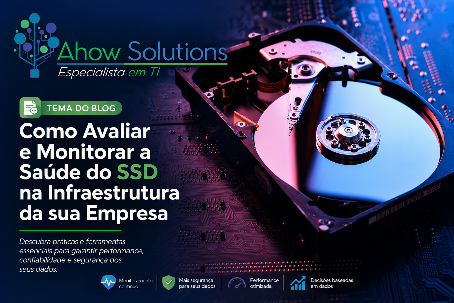 Painel de monitoramento técnico exibindo indicadores e percentual de saúde do SSD em um servidor corporativo.