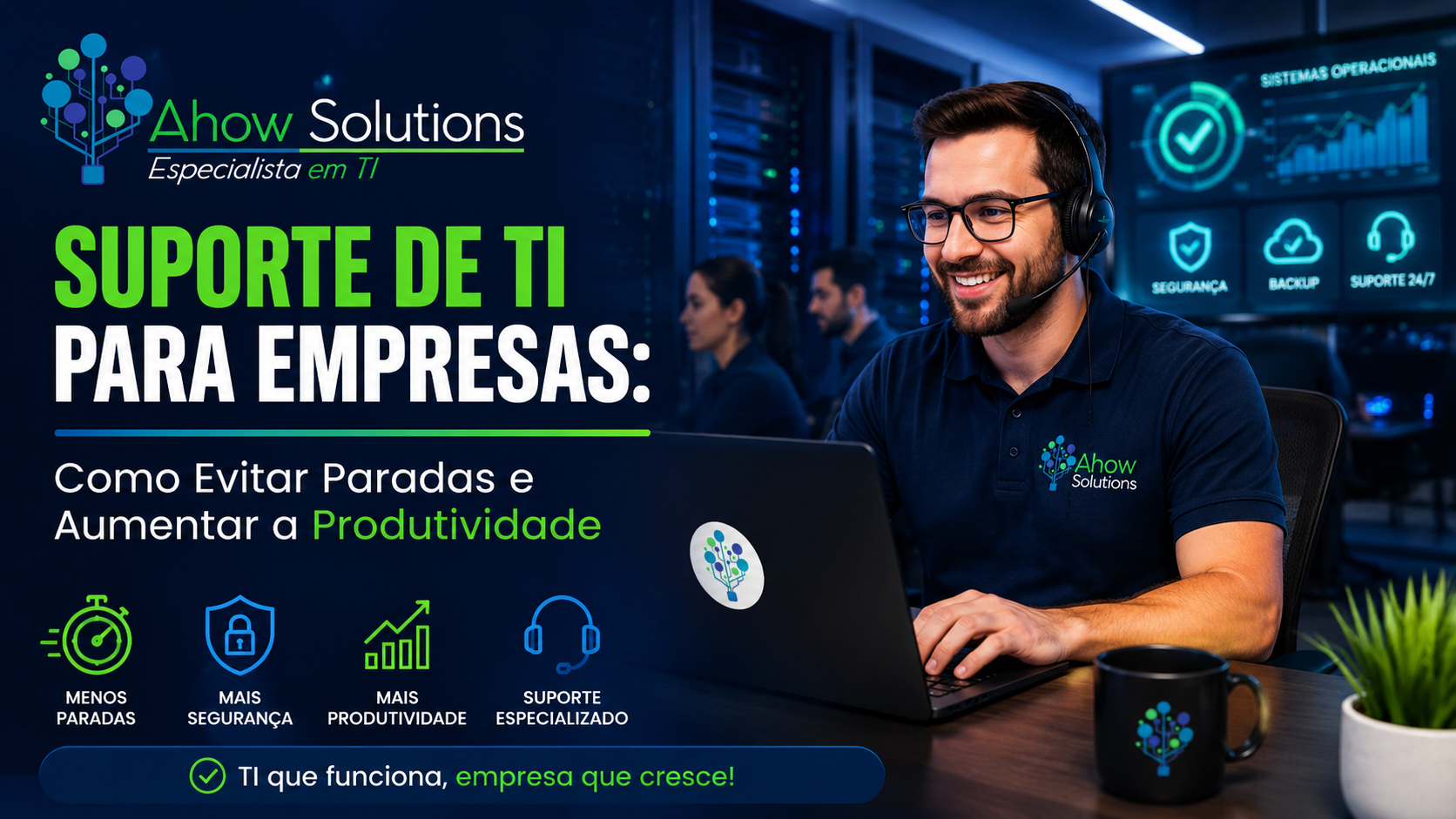 Profissional realizando suporte de TI para empresas em ambiente corporativo.